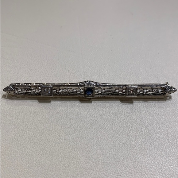 Edwardian Art Deco Antique 14K White Gold Bar Pin with Sapphire and Diamonds - Picture 1 of 7